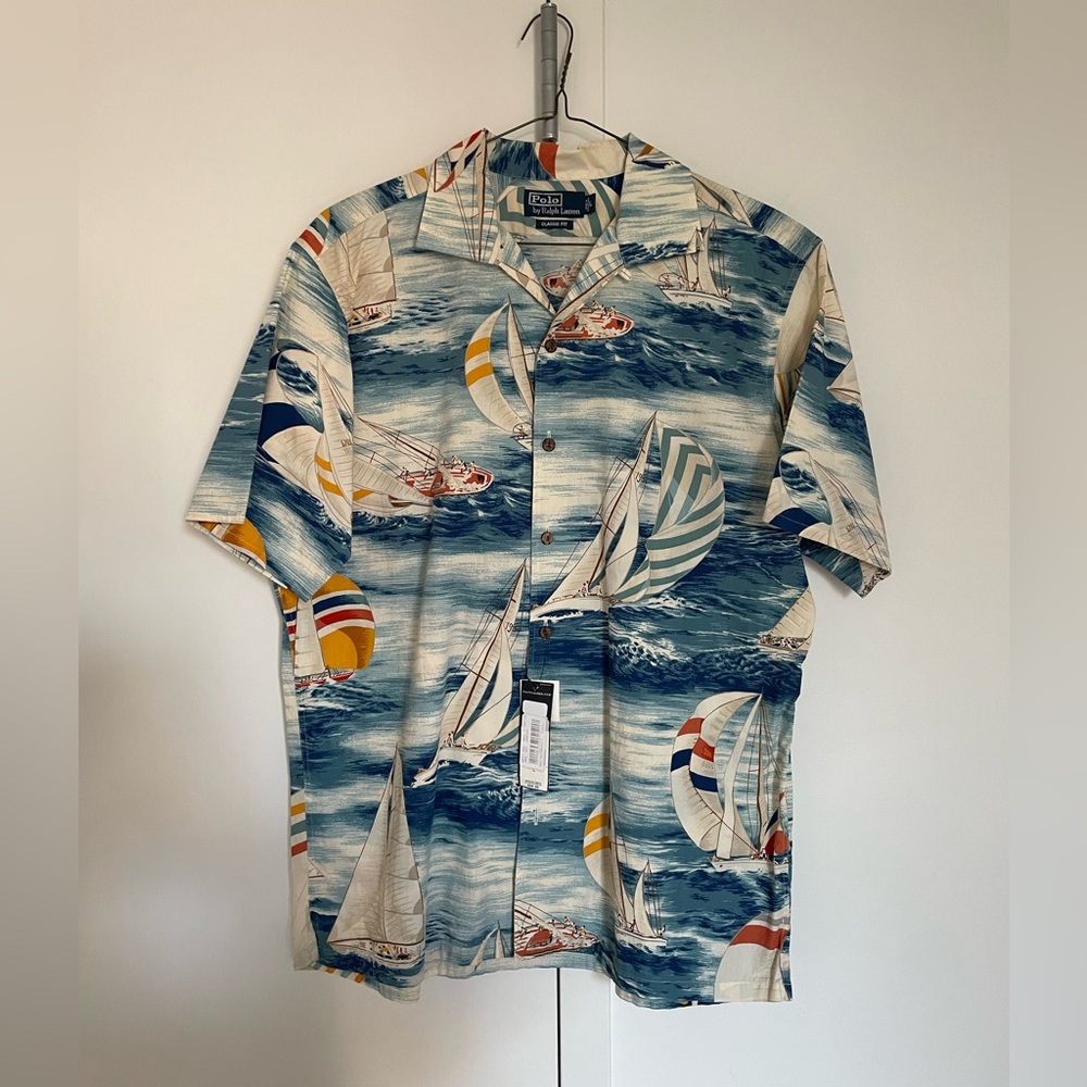Vintage Polo Ralph Lauren Sailboat Scenic Print Camp Shirt, Size Mens Large NWT